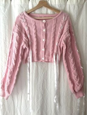 Cropped Pink Cardigan Heart Buttons and Laces up  #cottage #coquette #whimsy
